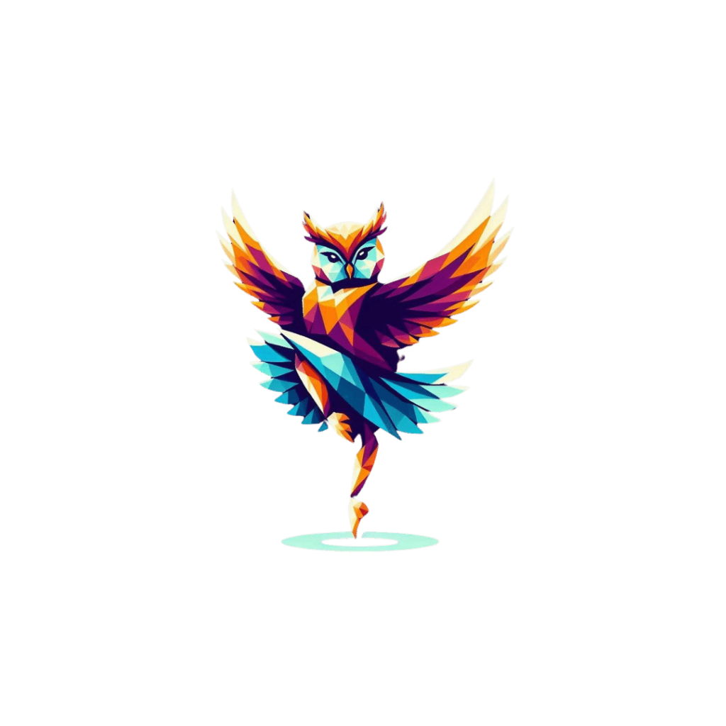 A colourful, artistic representation of an owl in mid-dance, symbolizing the grace and energy of Dancing Owl classes. The owl is artistically rendered with geometric shapes and a multitude of colors including blues, oranges, yellows, and purples. It has its wings spread out wide and one leg lifted as if it’s in motion. The background is white which makes the colourful owl stand out prominently.